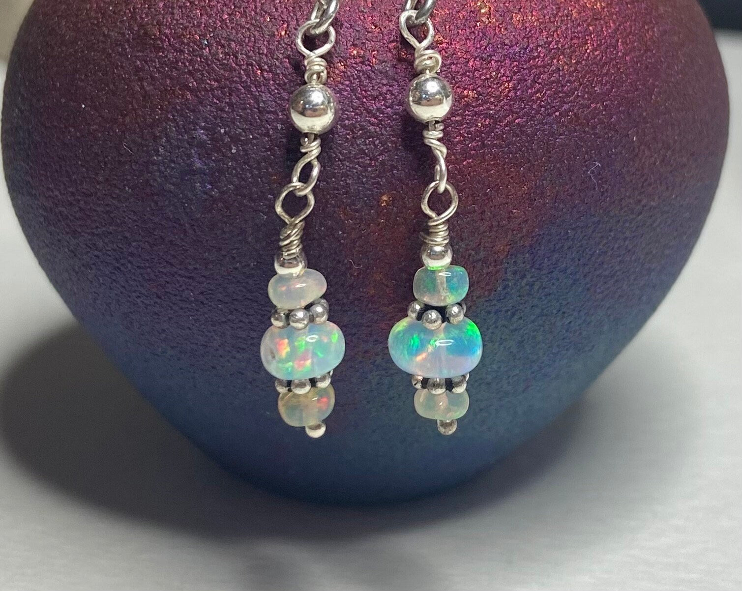 Ethiopian Wello Opal sterling silver dangle drop earrings.