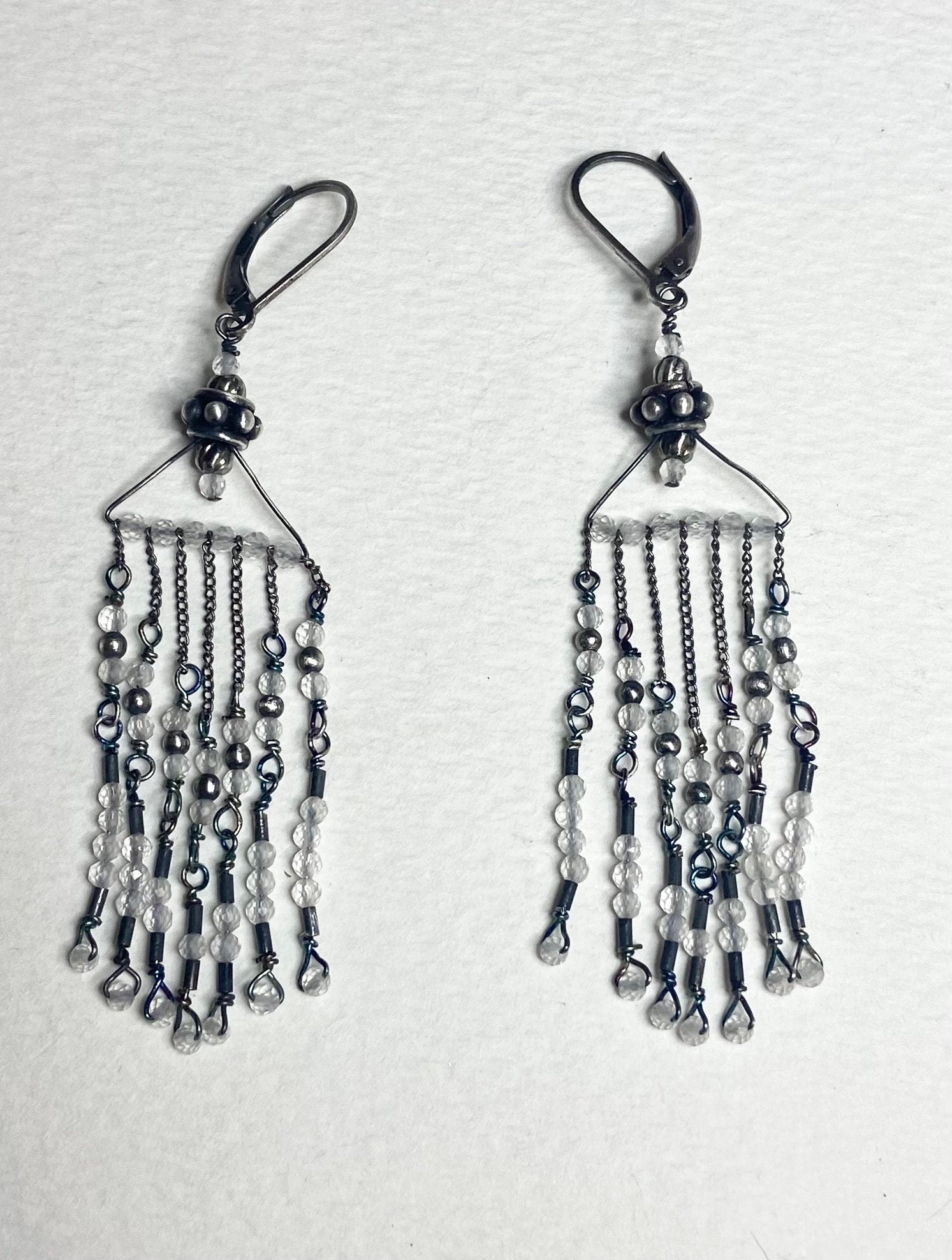 Rock crystal quartz beaded sterling silver fringe dangle drop earrings.