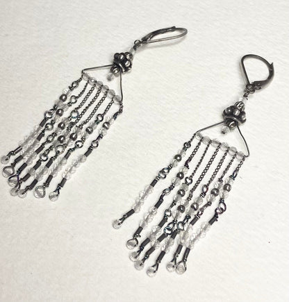 Sterling silver dangle earrings with rock crystal quartz beads and fringe.