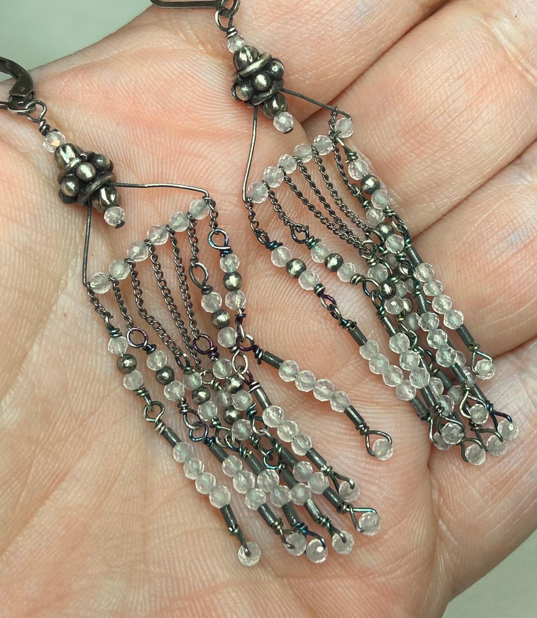 Rock crystal quartz beaded sterling silver fringe dangle drop earrings.