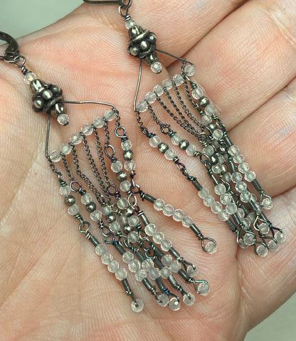 Rock crystal quartz beaded sterling silver fringe dangle drop earrings.