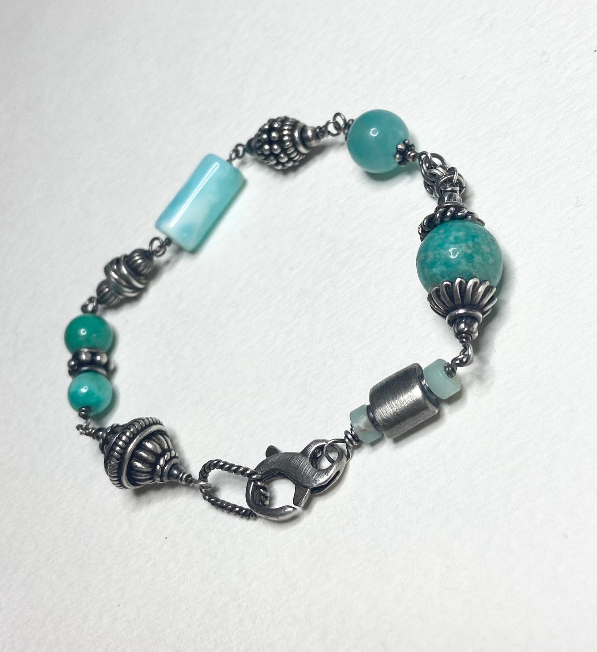 Eclectic multi gem fun solid sterling silver beaded bracelet with Amazonite Peruvian opal and more