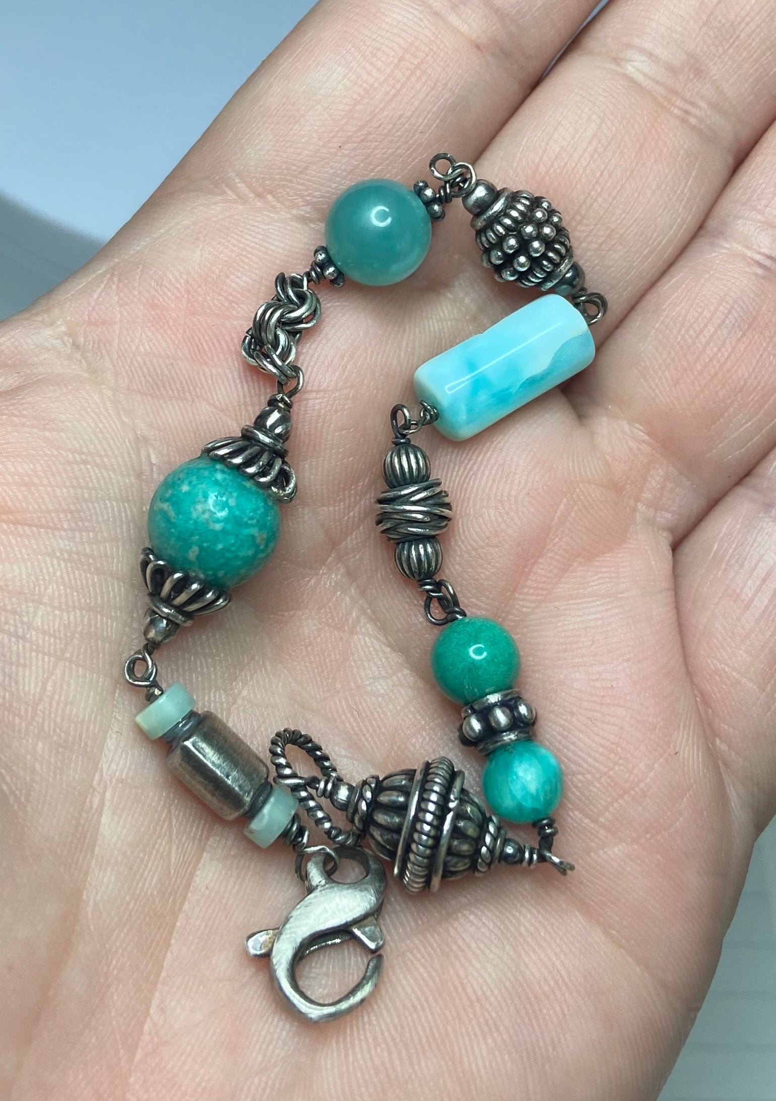 Eclectic multi gem fun solid sterling silver beaded bracelet with Amazonite Peruvian opal and more