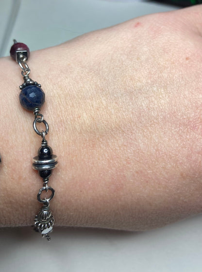Solid Sterling Silver Sapphire and Ruby beaded bracelet