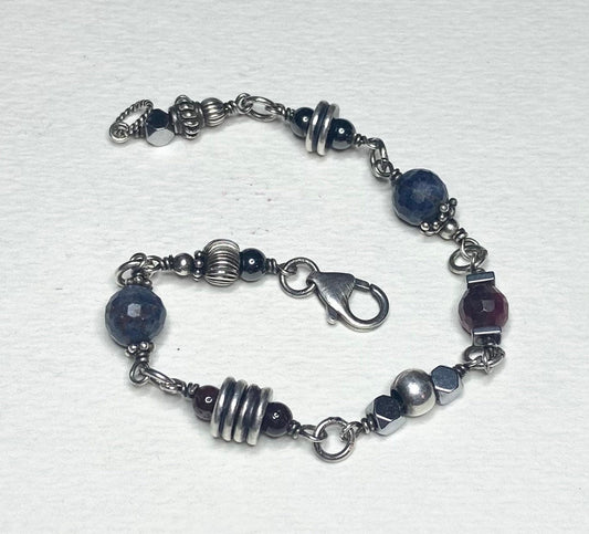 Solid Sterling Silver Sapphire and Ruby beaded bracelet