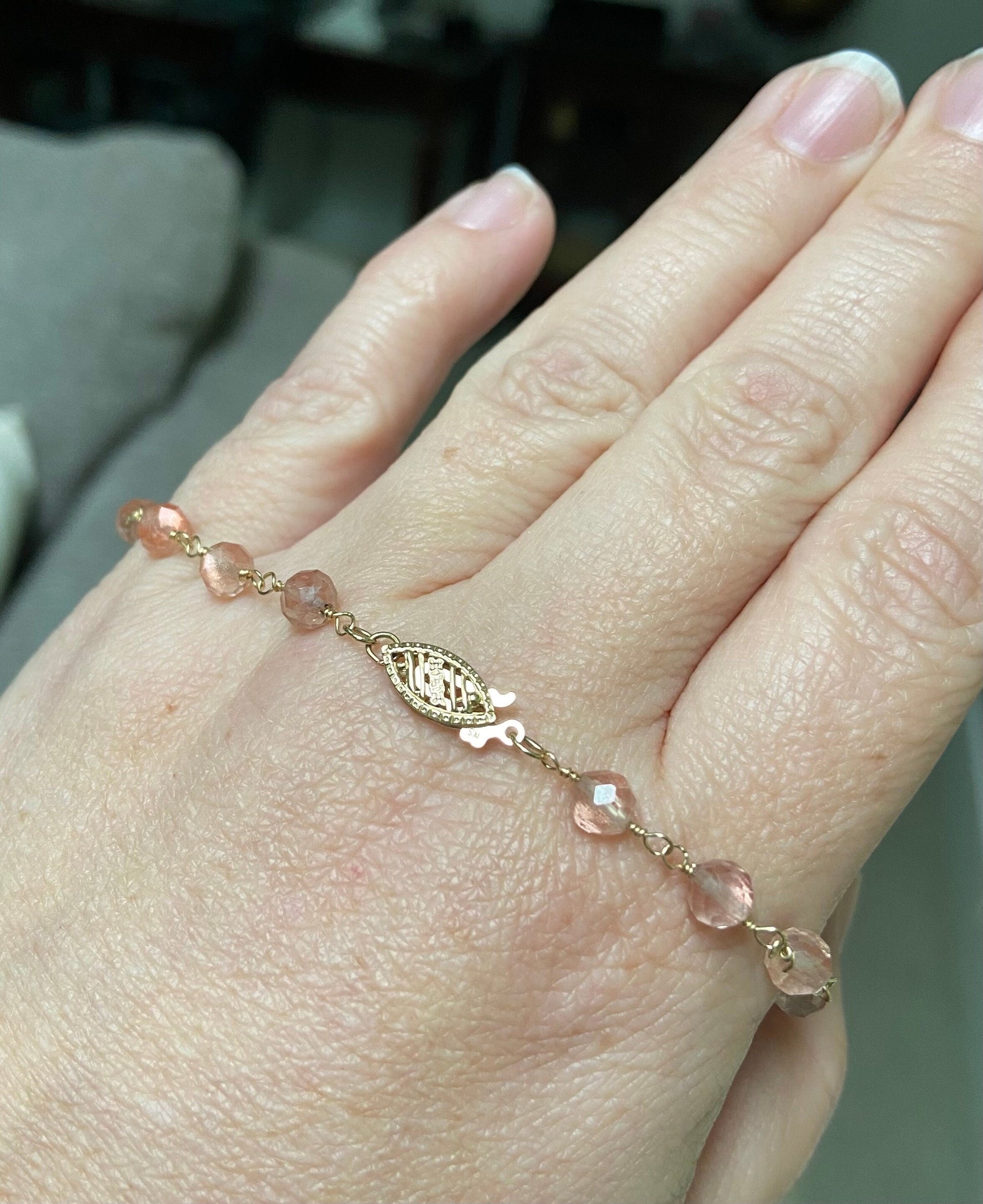 Oregon Sunstone faceted beaded bracelet in solid 14k gold.