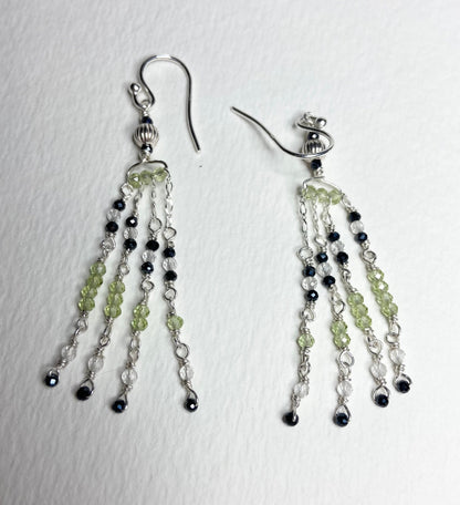 Sterling silver dangle earrings with black diamond, peridot, and quartz beads.