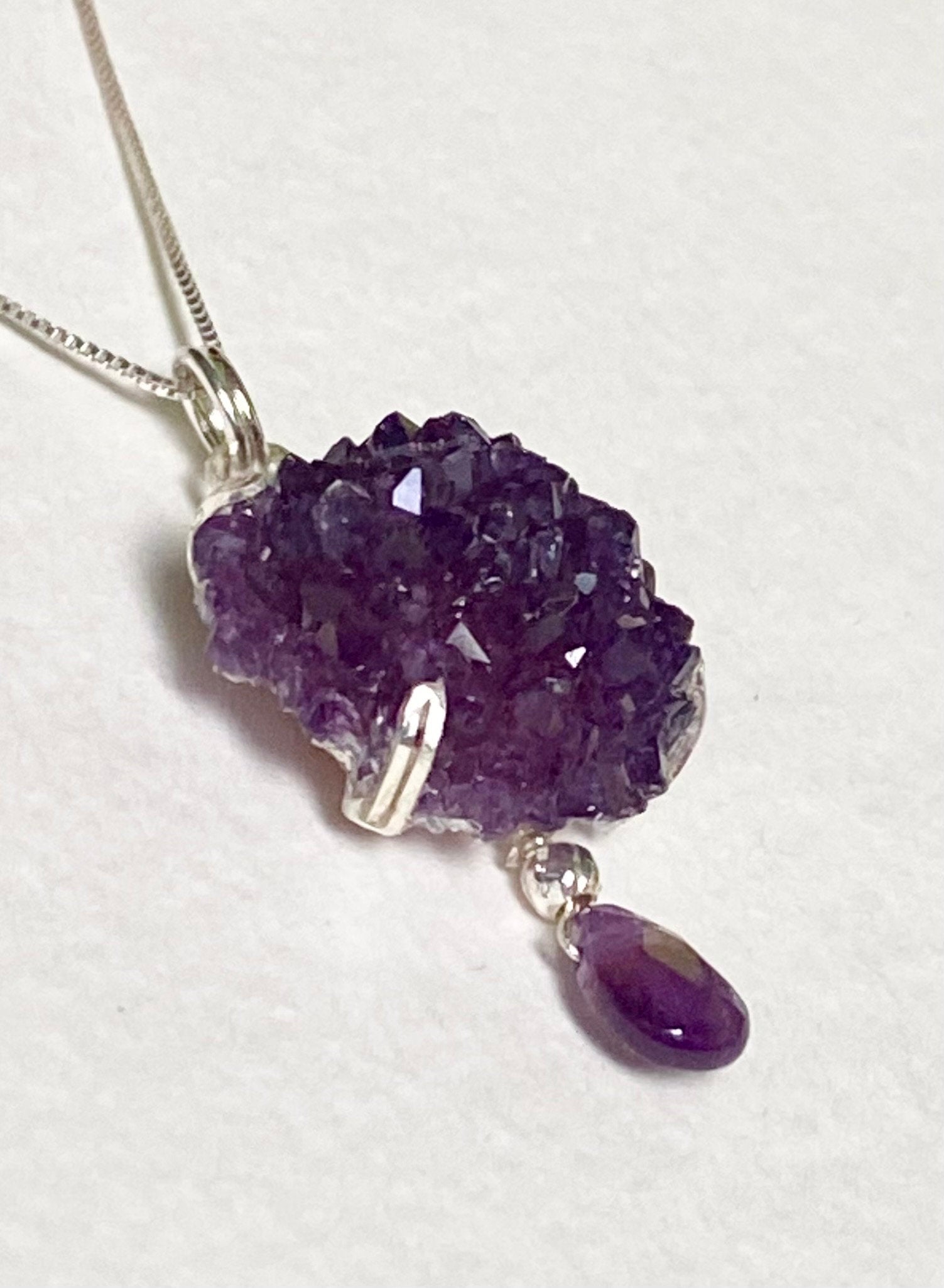 Beautiful specimen Amethyst stalactite rosette cluster pendant necklace in solid sterling silver