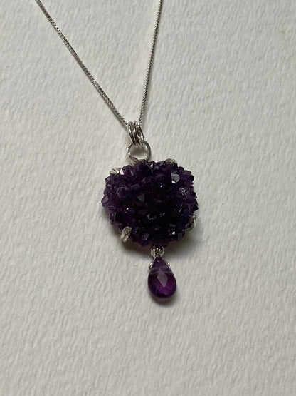 Beautiful specimen Amethyst stalactite rosette cluster pendant necklace in solid sterling silver