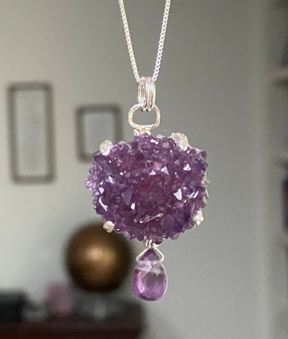 Beautiful specimen Amethyst stalactite rosette cluster pendant necklace in solid sterling silver