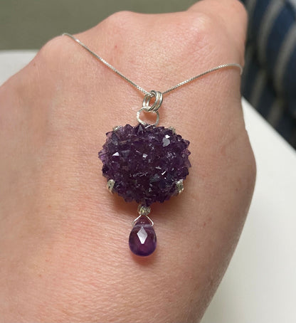 Beautiful specimen Amethyst stalactite rosette cluster pendant necklace in solid sterling silver
