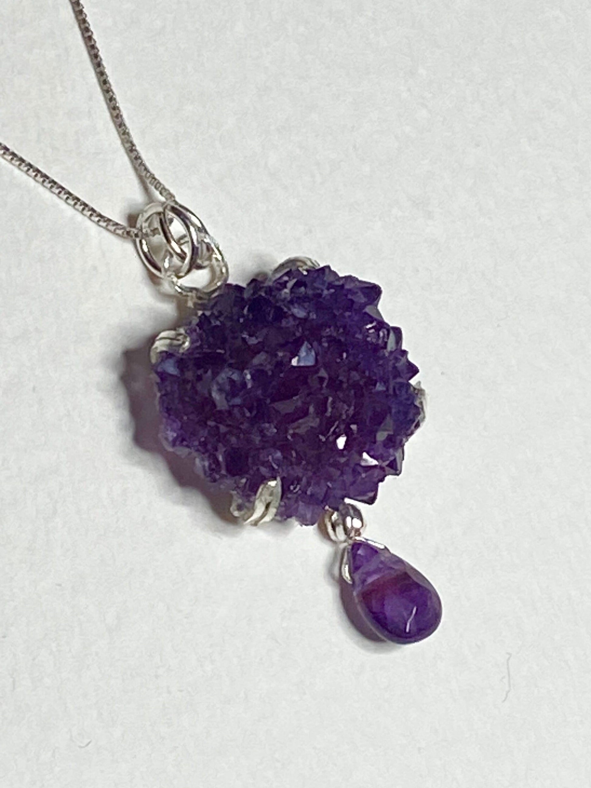 Beautiful specimen Amethyst stalactite rosette cluster pendant necklace in solid sterling silver