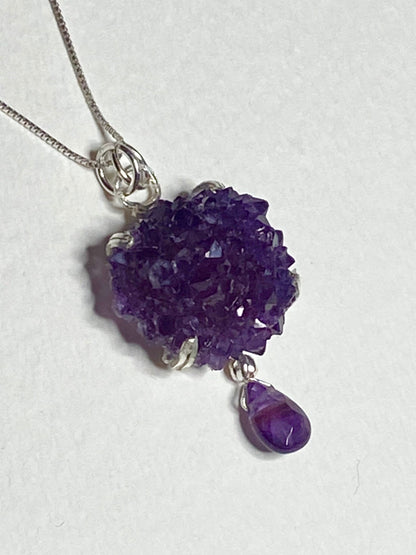 Beautiful specimen Amethyst stalactite rosette cluster pendant necklace in solid sterling silver