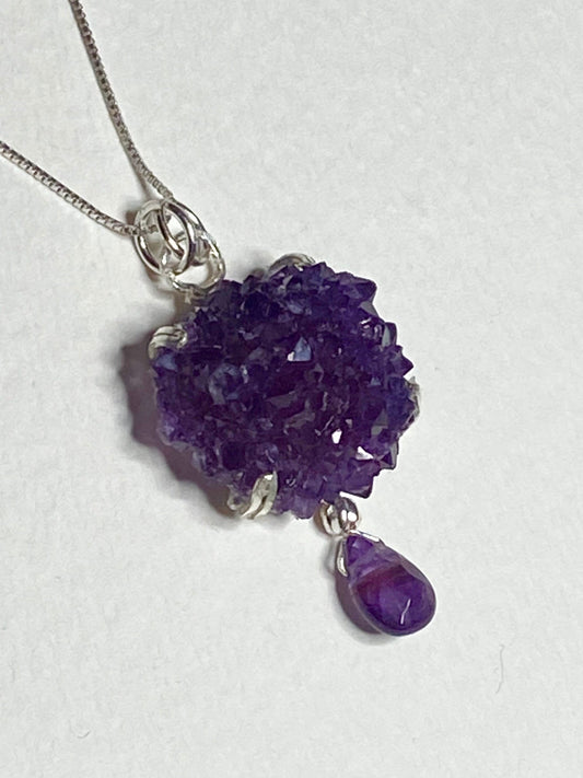 Beautiful specimen Amethyst stalactite rosette cluster pendant necklace in solid sterling silver