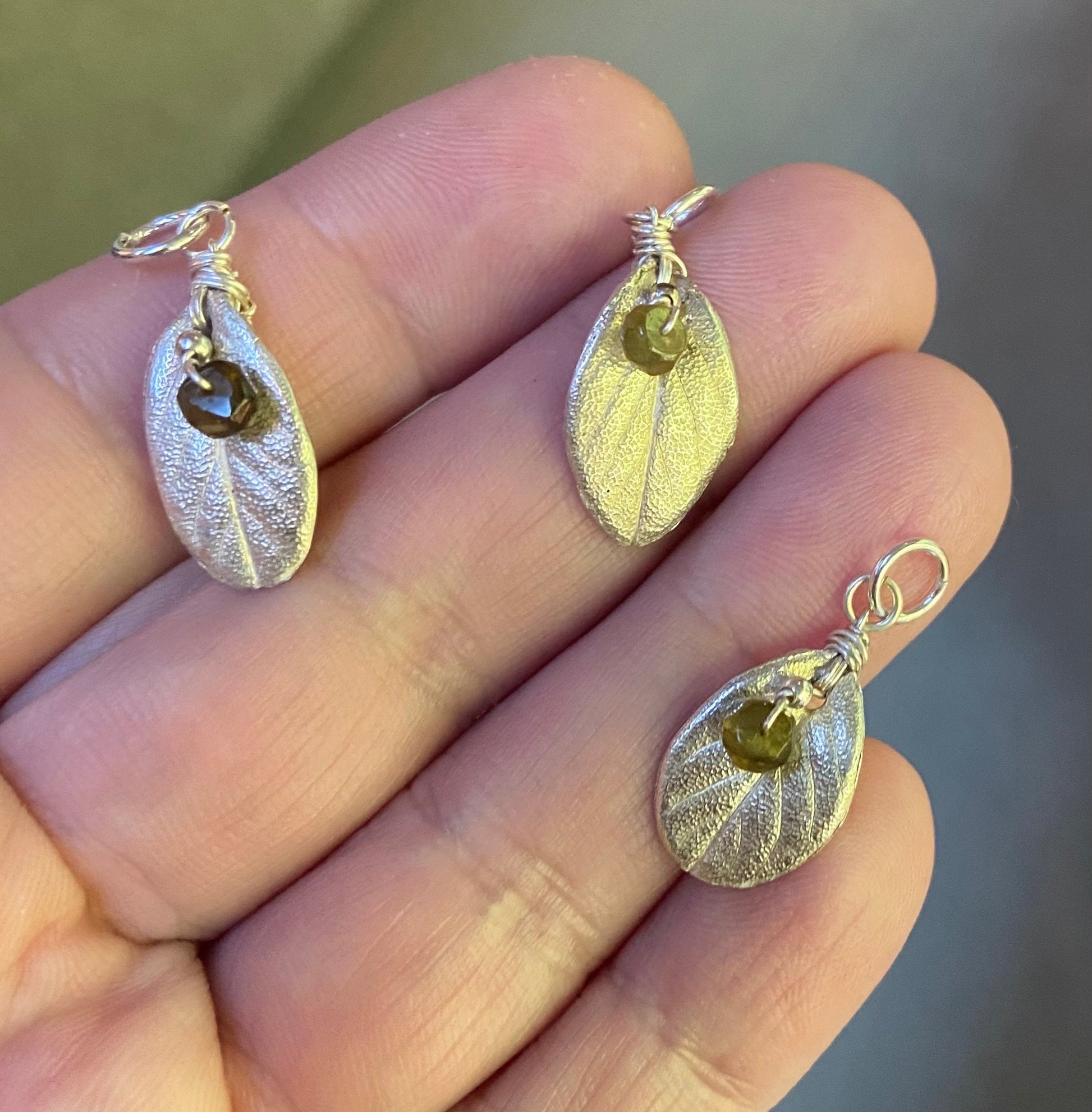 Solid fine silver leaf pendant charm with green tourmaline