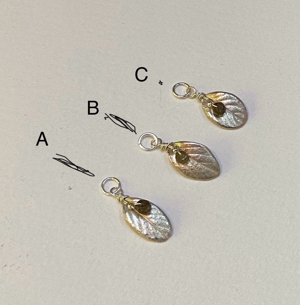 Solid fine silver leaf pendant charm with green tourmaline