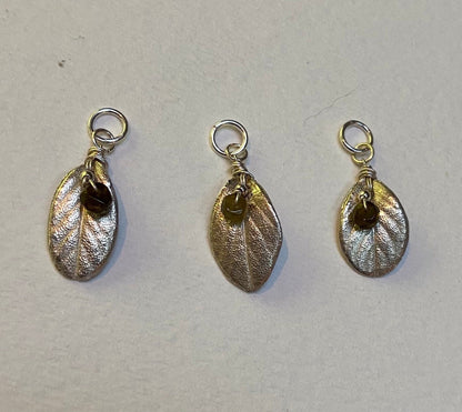 Solid fine silver leaf pendant charm with green tourmaline