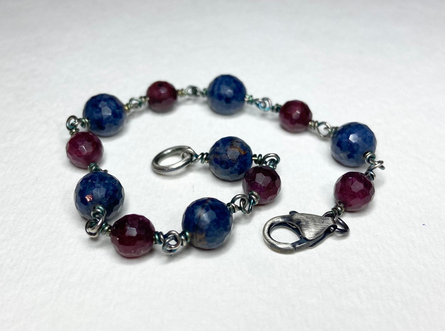 Sapphire and ruby faceted bead bracelet in rugged sterling silver #1