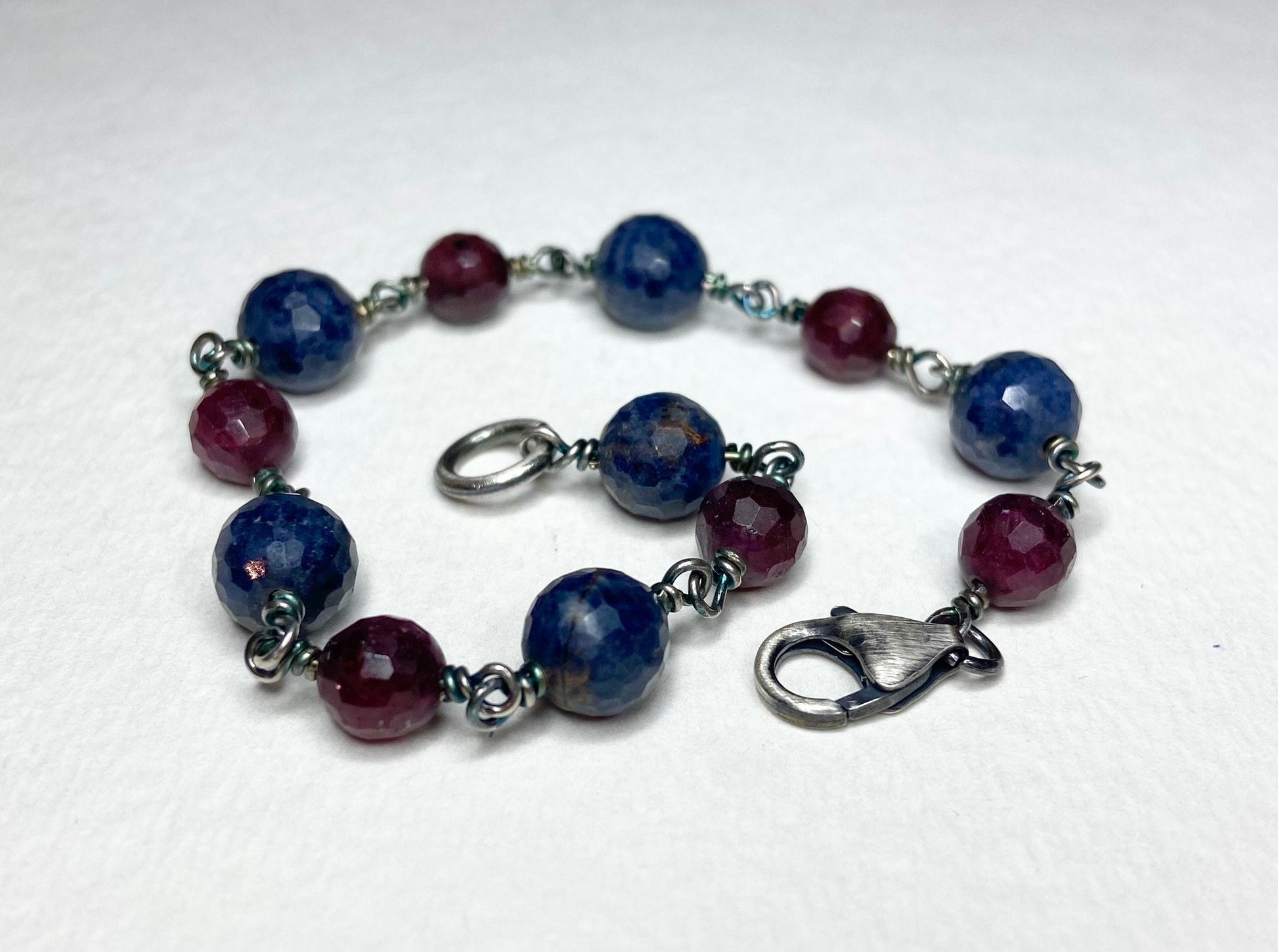 Sapphire and ruby faceted bead bracelet in rugged sterling silver #1