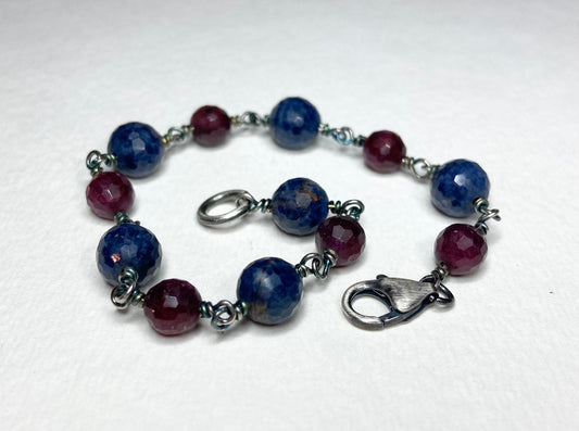 Sapphire and ruby faceted bead bracelet in rugged sterling silver #1