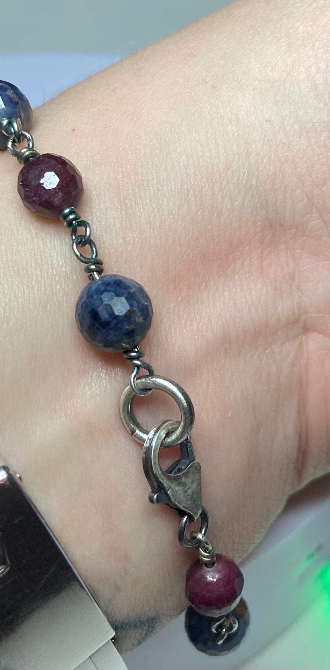 Sapphire and ruby faceted bead bracelet in rugged sterling silver #1