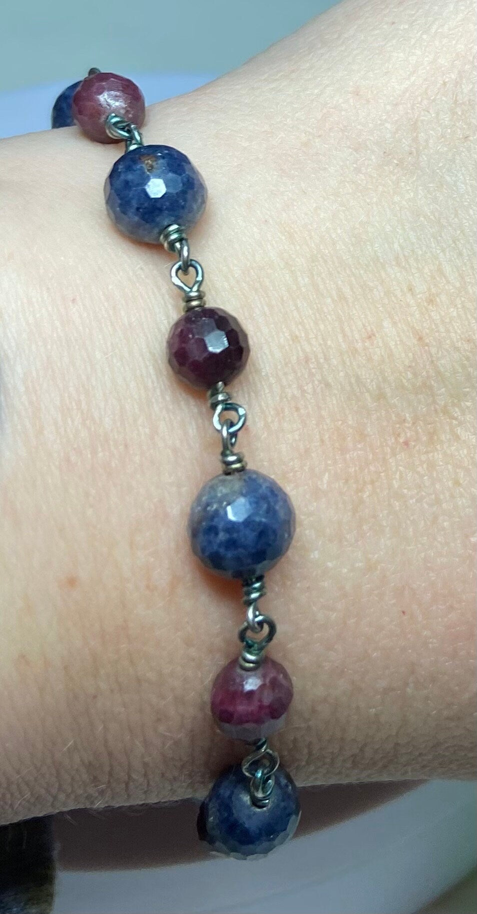 Sapphire and ruby faceted bead bracelet in rugged sterling silver #1