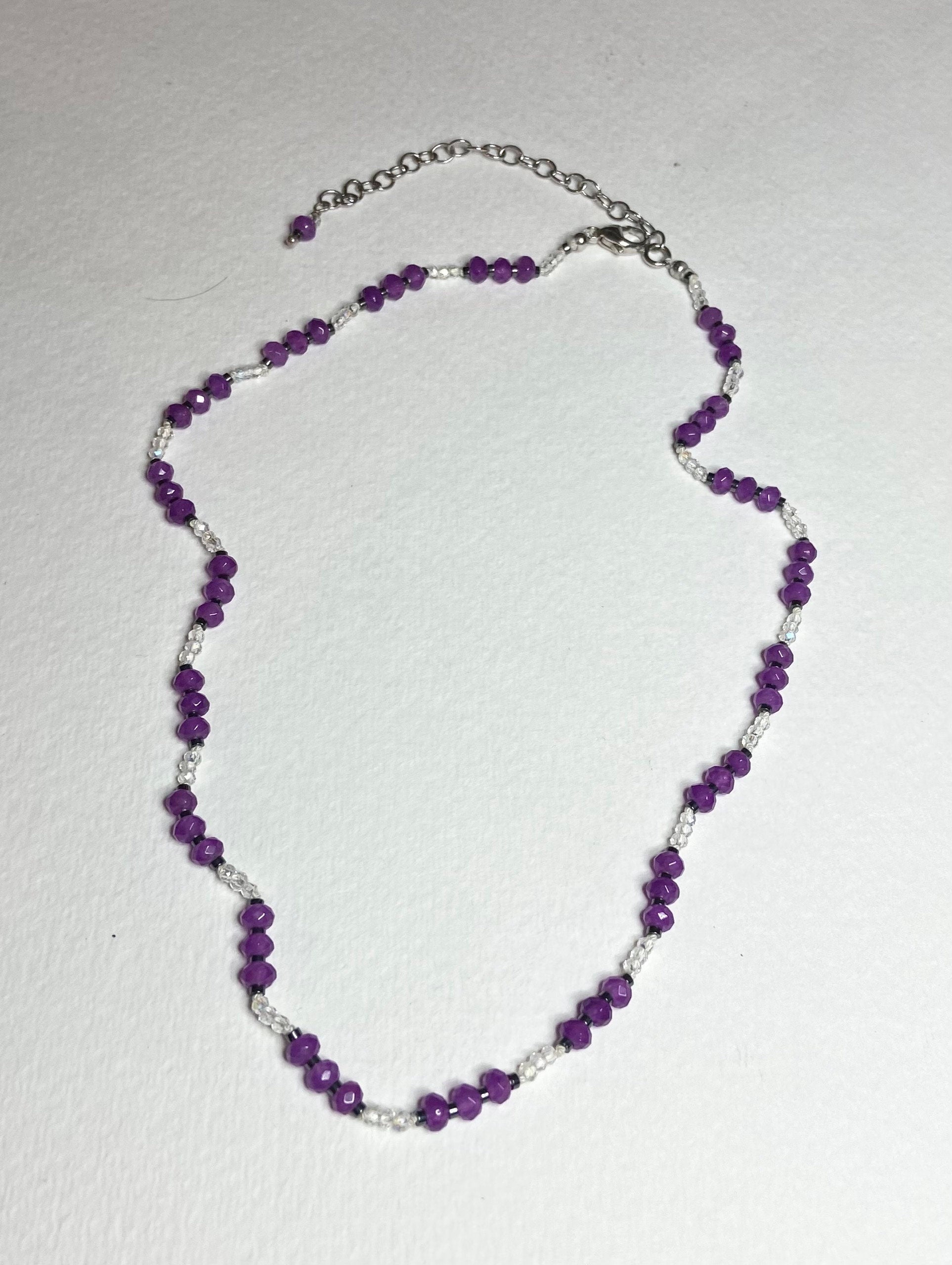 Purple Jadeite, hematite and crystal hand knotted necklace in sterling silver with adjustable extender