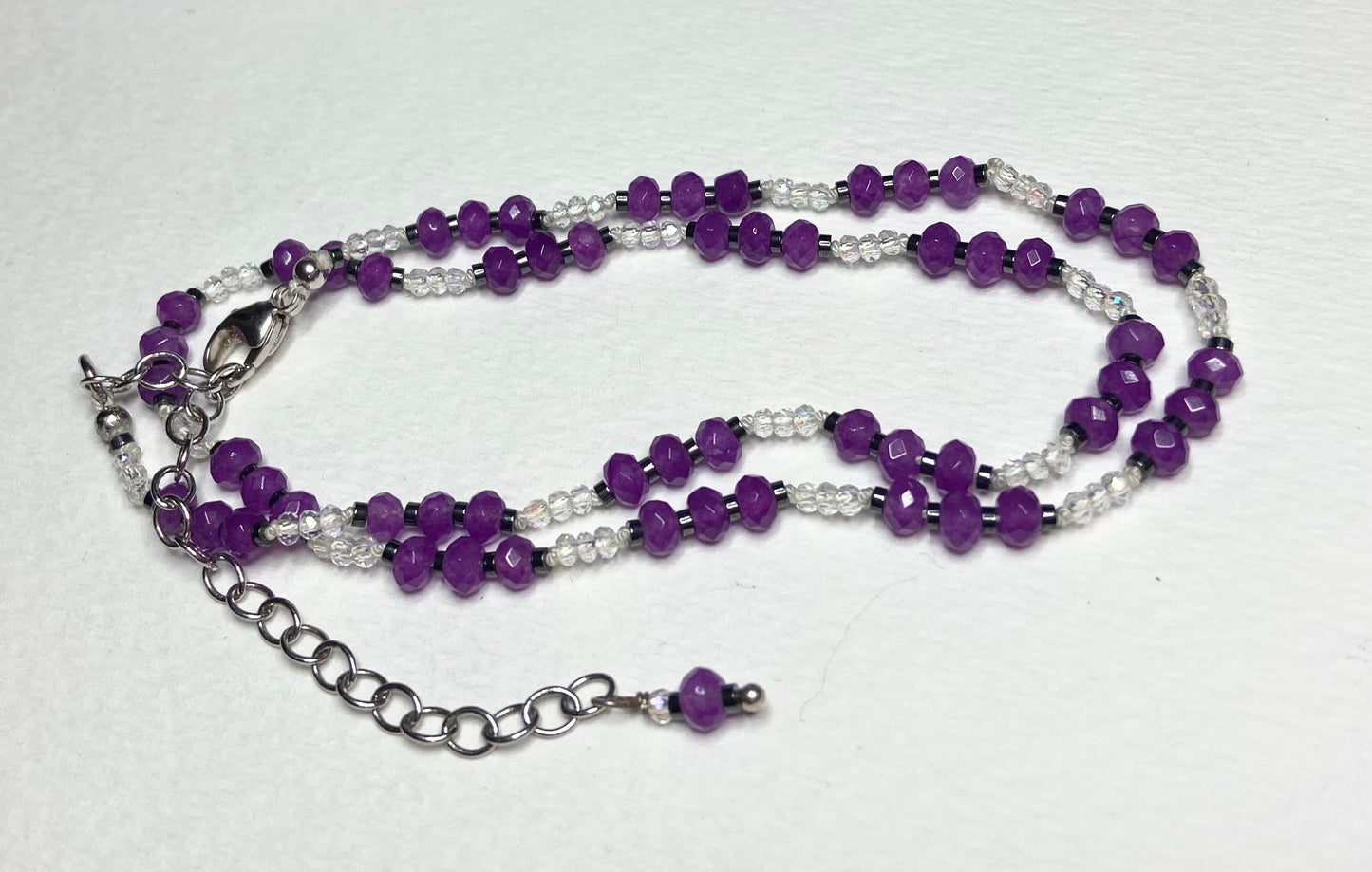 Purple Jadeite, hematite and crystal hand knotted necklace in sterling silver with adjustable extender