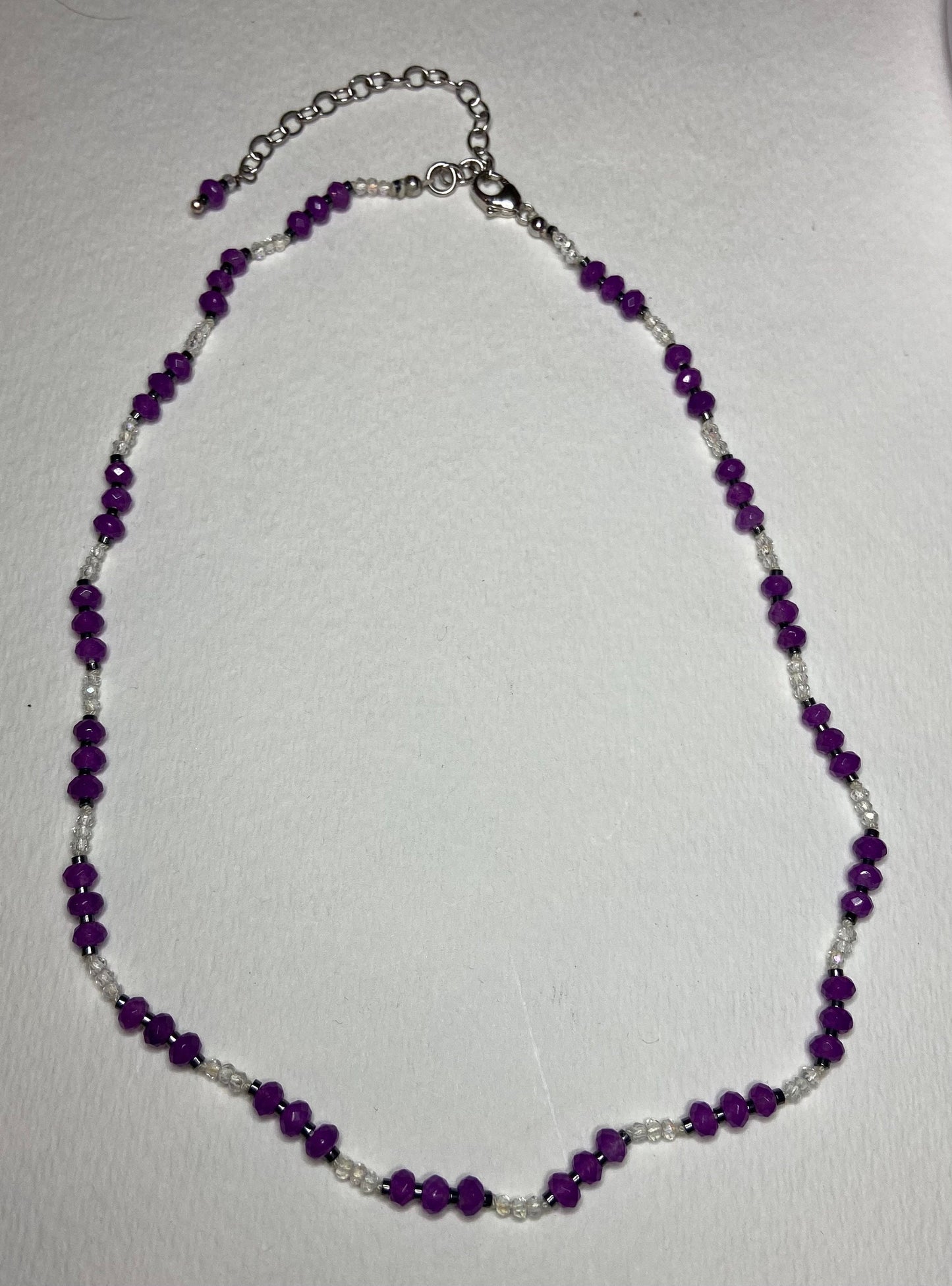 Purple Jadeite, hematite and crystal hand knotted necklace in sterling silver with adjustable extender
