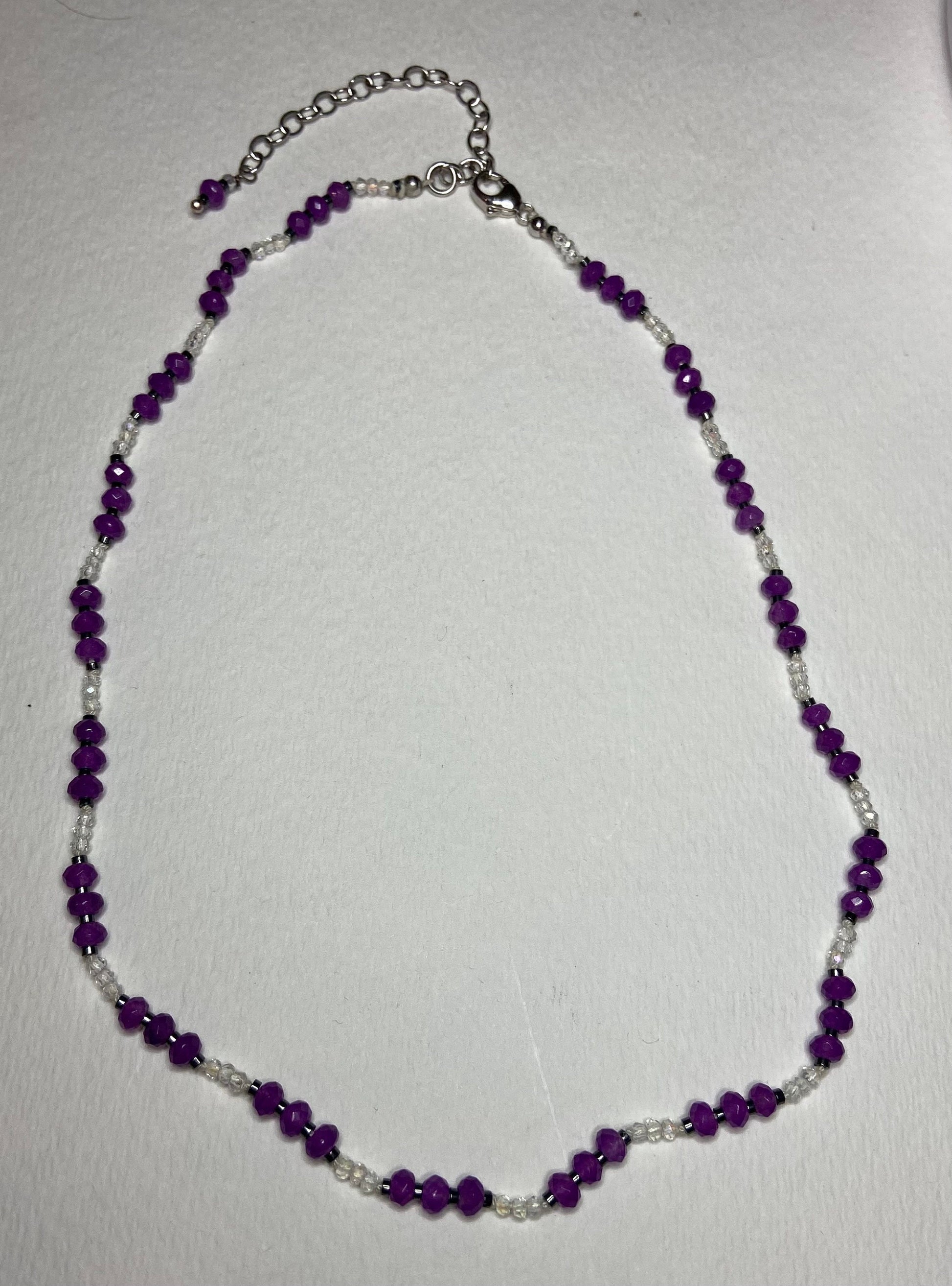 Purple Jadeite, hematite and crystal hand knotted necklace in sterling silver with adjustable extender