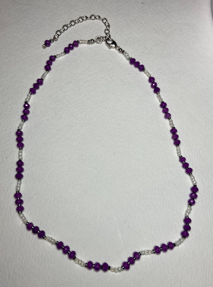 Purple Jadeite, hematite and crystal hand knotted necklace in sterling silver with adjustable extender