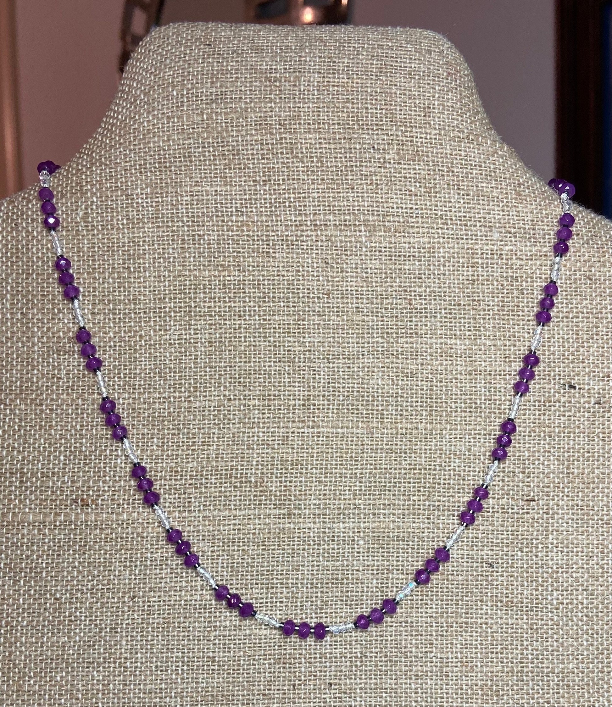 Purple Jadeite, hematite and crystal hand knotted necklace in sterling silver with adjustable extender