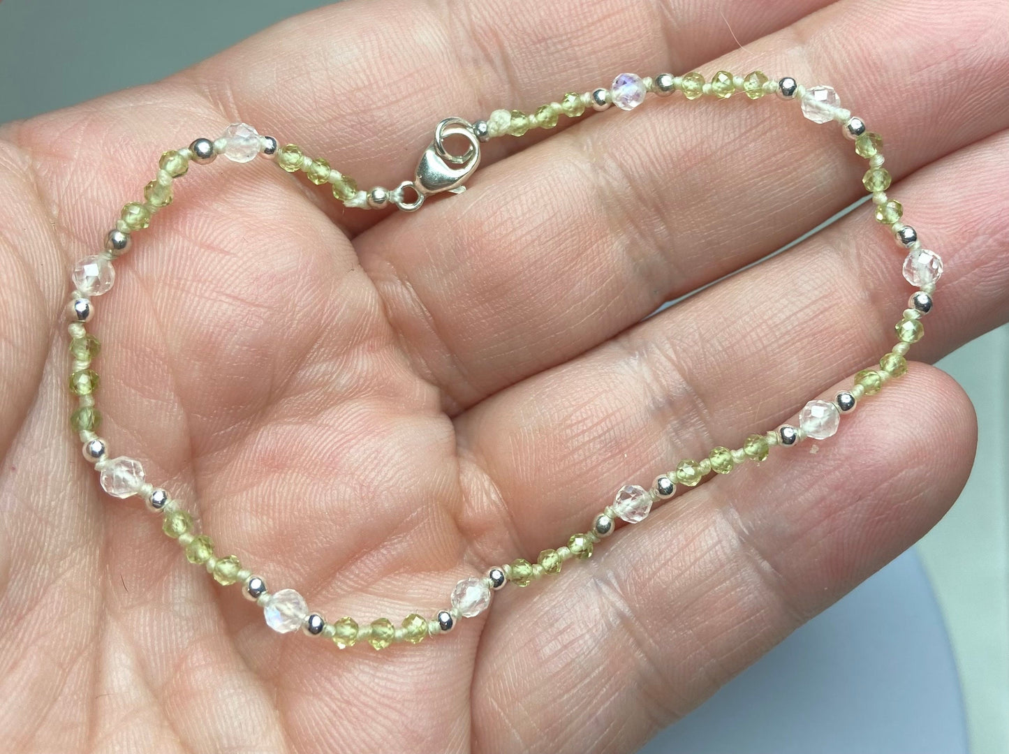 Peridot and fine blue sheen moonstone beaded bracelet with sterling silver
