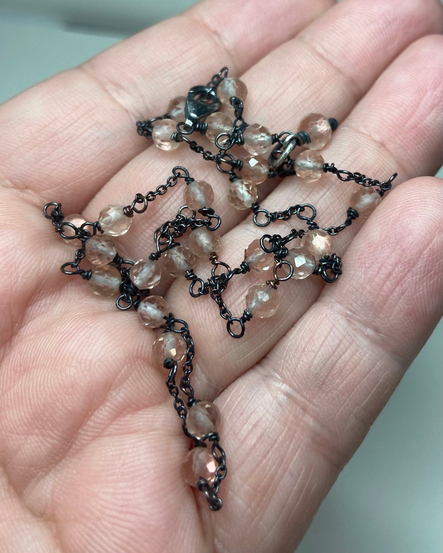 Oregon sunstone beaded sterling silver station necklace.