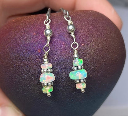 Ethiopian Wello Opal sterling silver dangle drop earrings with colorful beads.