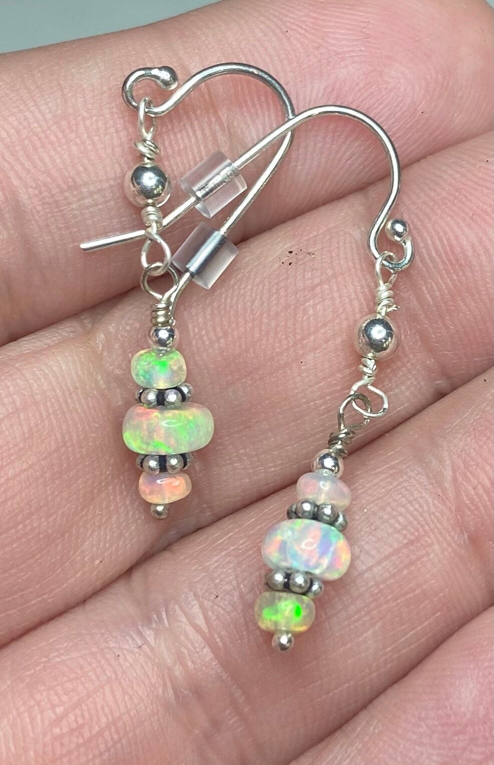 Ethiopian Wello Opal sterling silver dangle drop earrings with rondelle beads.