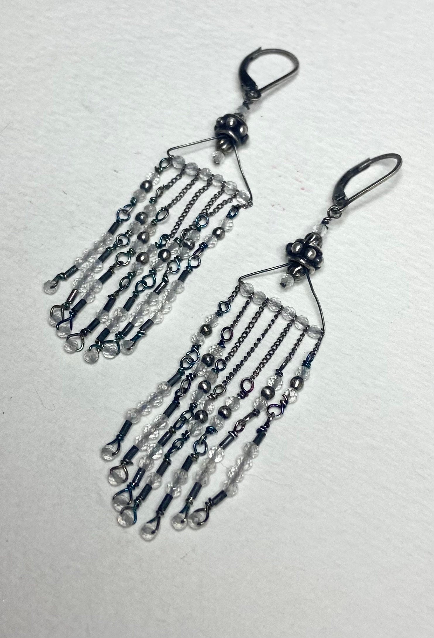 Sterling silver fringe dangle drop earrings with rock crystal quartz beads.
