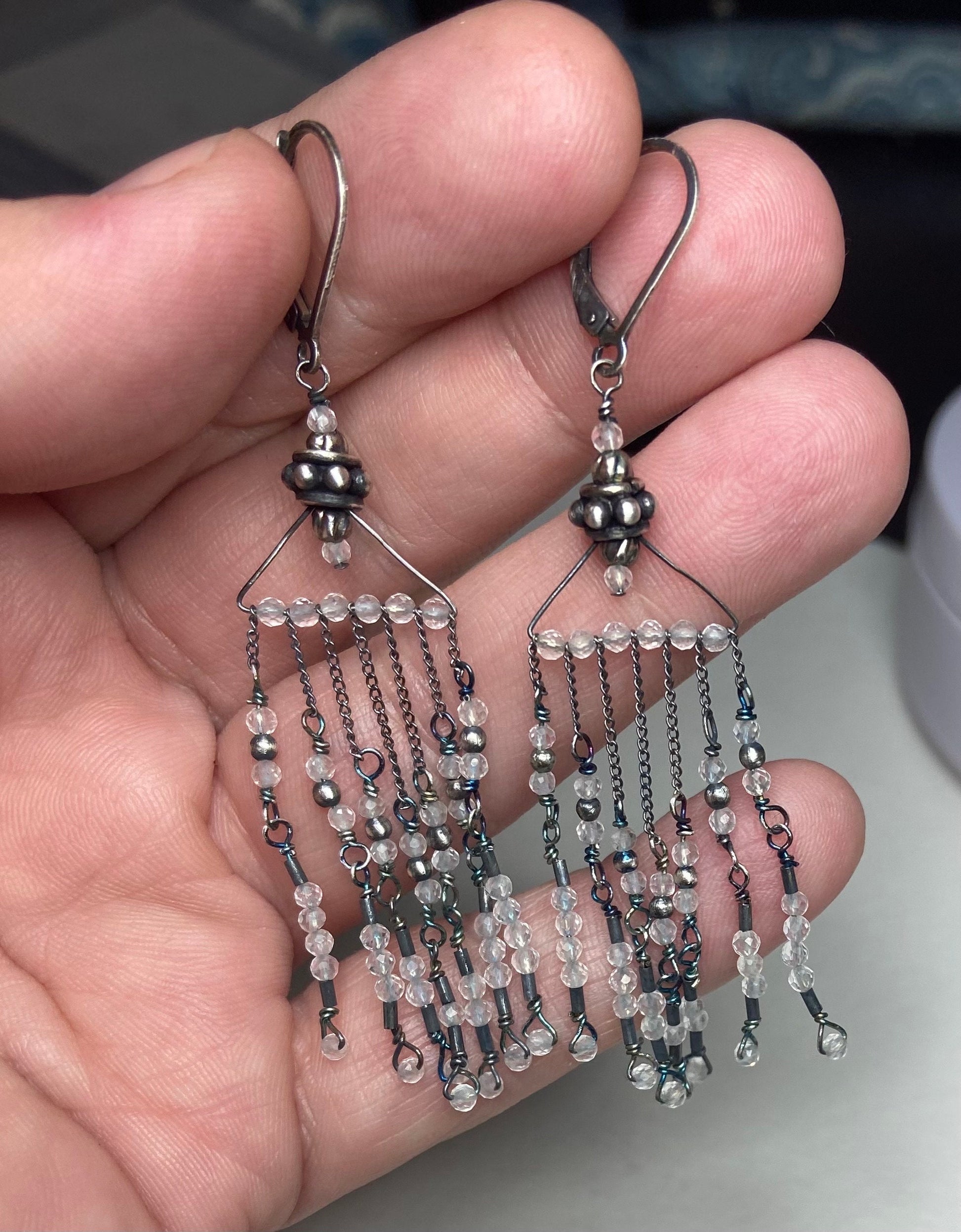Rock crystal quartz beaded sterling silver fringe dangle drop earrings.