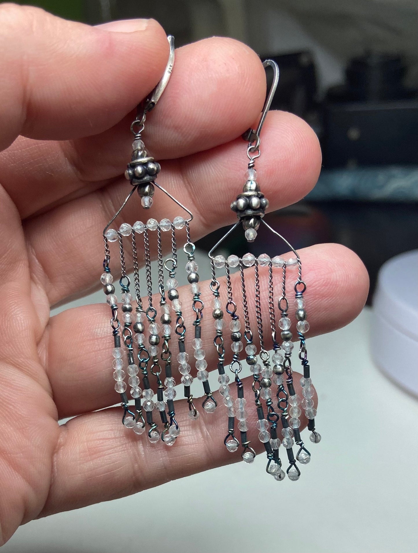 Rock crystal quartz beaded sterling silver fringe dangle drop earrings.