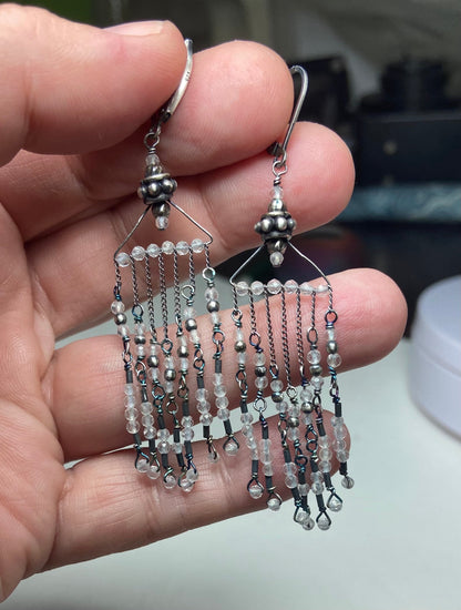 Rock crystal quartz beaded sterling silver fringe dangle drop earrings.
