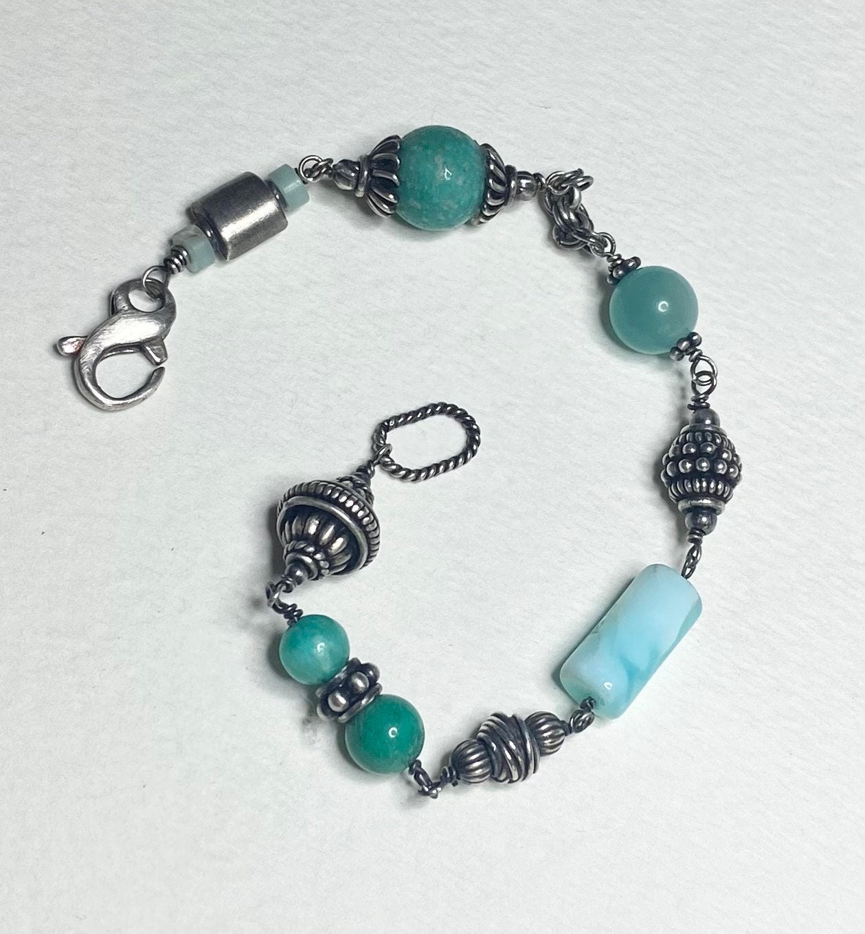 Eclectic multi gem fun solid sterling silver beaded bracelet with Amazonite Peruvian opal and more