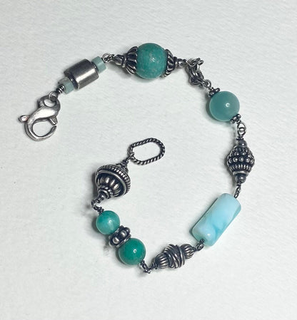 Eclectic multi gem fun solid sterling silver beaded bracelet with Amazonite Peruvian opal and more