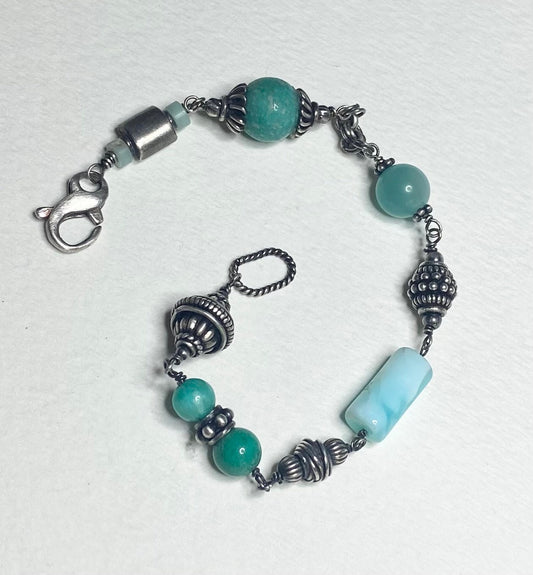 Eclectic multi gem fun solid sterling silver beaded bracelet with Amazonite Peruvian opal and more