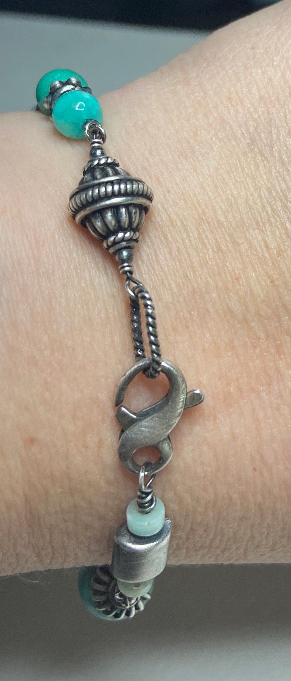 Eclectic multi gem fun solid sterling silver beaded bracelet with Amazonite Peruvian opal and more