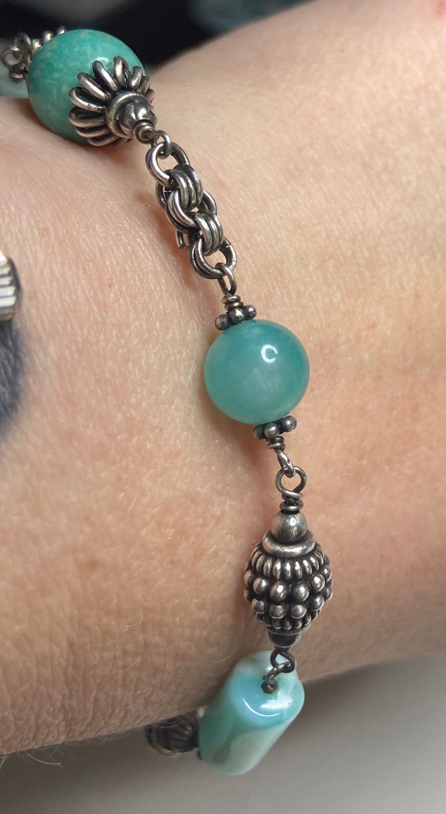 Eclectic multi gem fun solid sterling silver beaded bracelet with Amazonite Peruvian opal and more