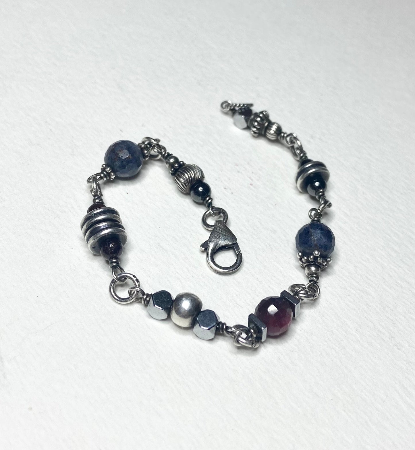 Solid Sterling Silver Sapphire and Ruby beaded bracelet