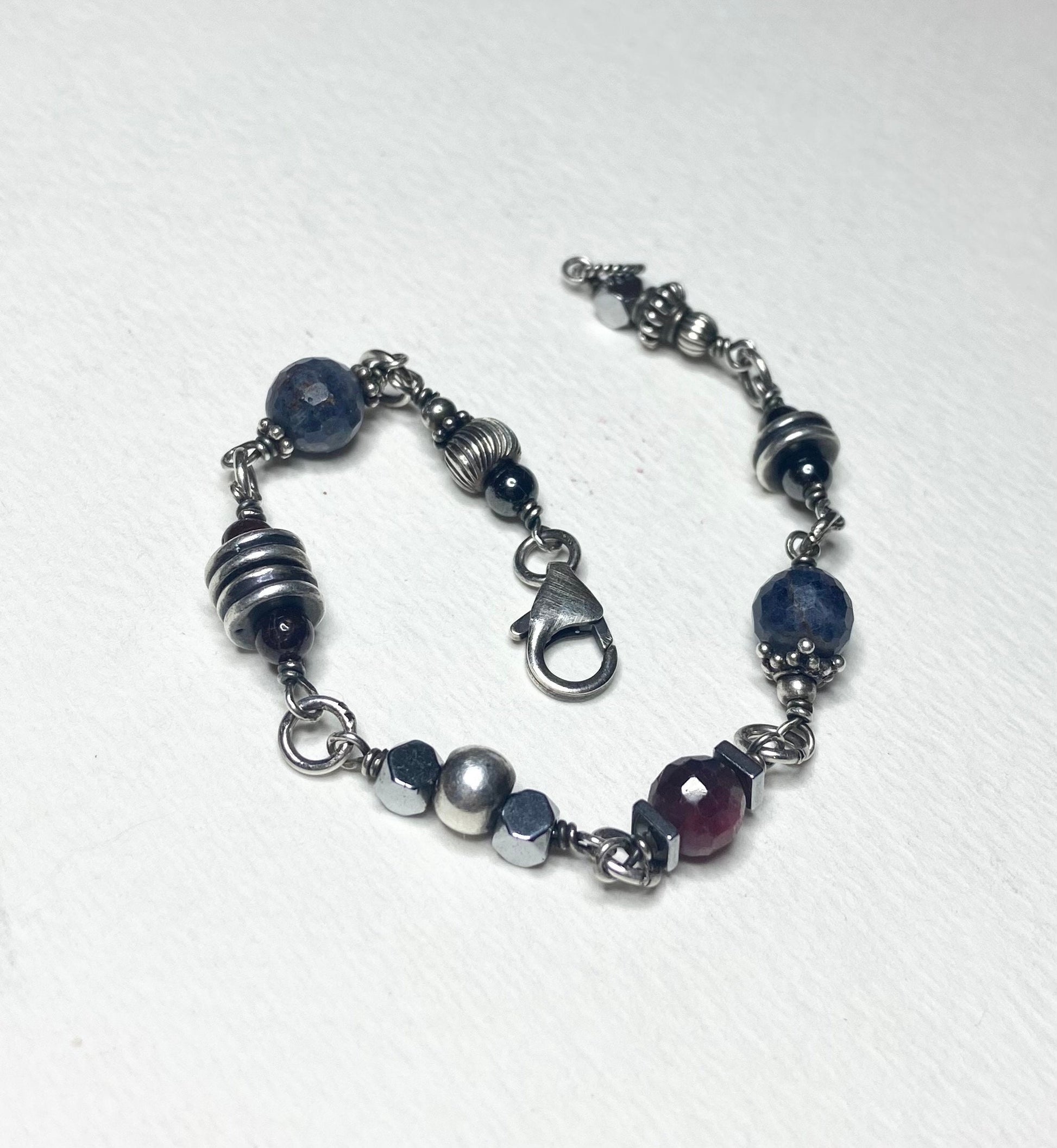 Solid Sterling Silver Sapphire and Ruby beaded bracelet