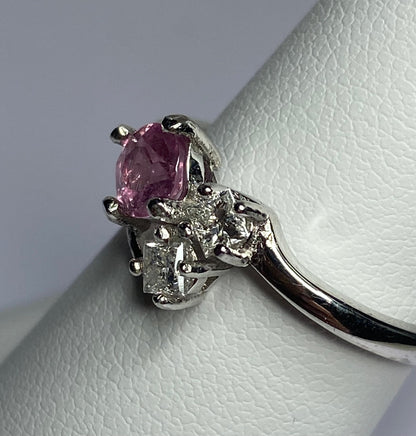 Sterling silver ring with pink tourmaline and diamonds.