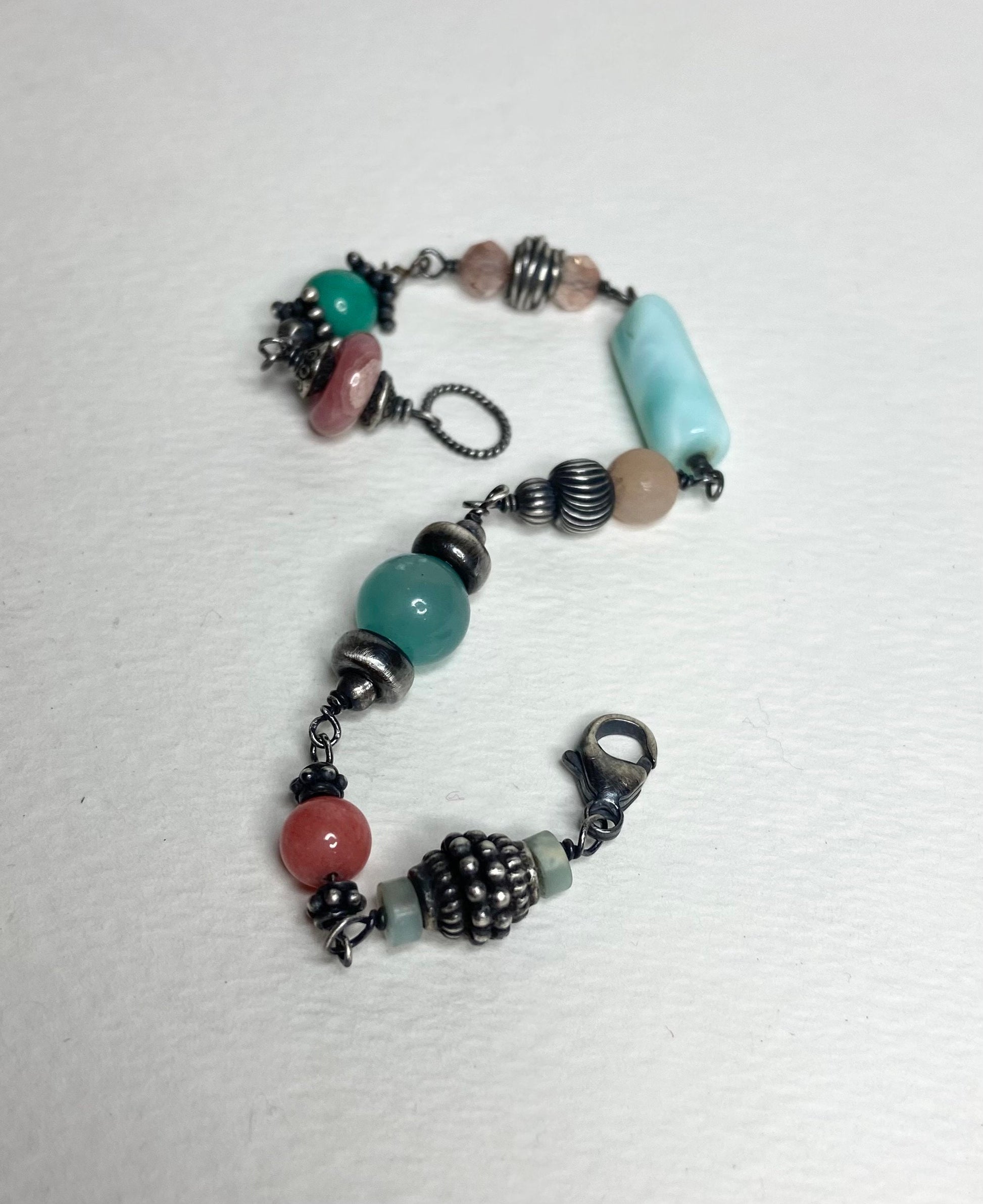 Eclectic peach and blues sterling silver wire bead bracelet Peruvian opal Oregon sunstone, rhodochrosite, morganite, amazonite and more