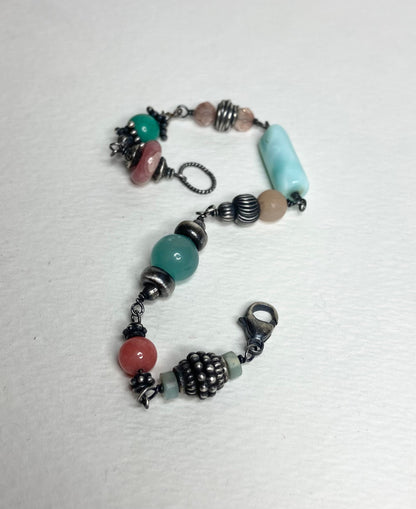 Eclectic peach and blues sterling silver wire bead bracelet Peruvian opal Oregon sunstone, rhodochrosite, morganite, amazonite and more